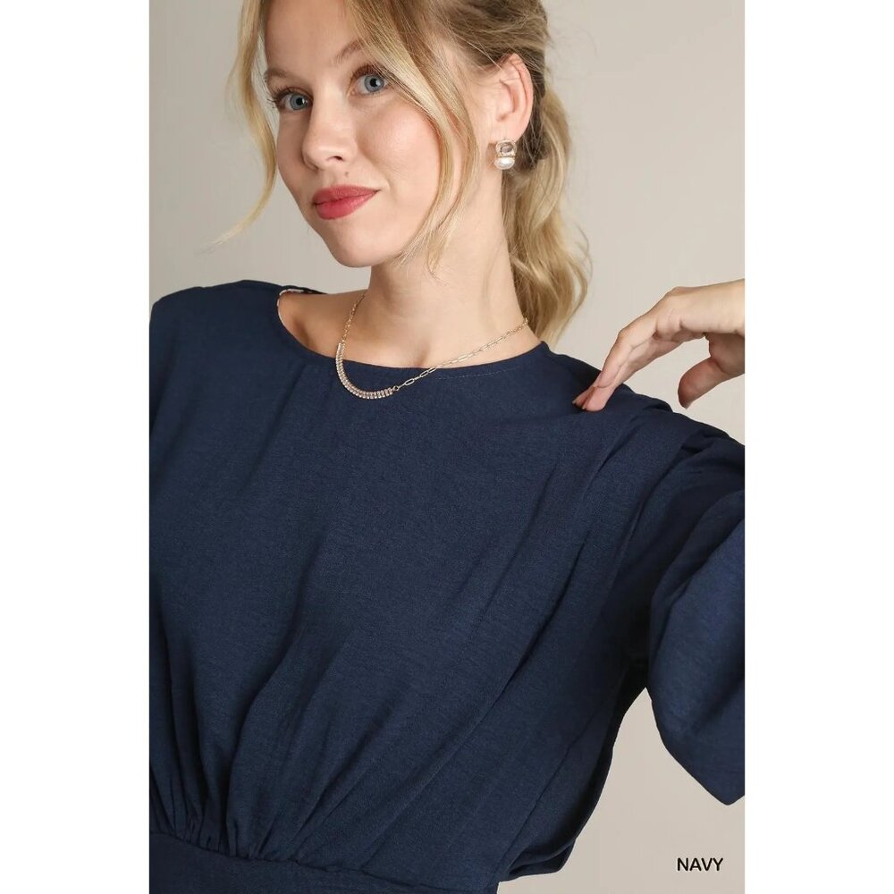 NWT Umgee Navy Solid Defined Shoulder Crepe Blouse~Long Sleeve - Picture 8 of 10